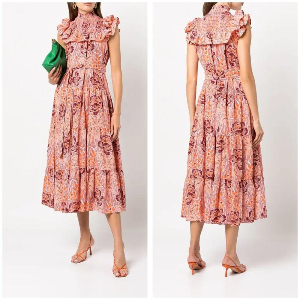 Likely Levine Midi Dress Size 4 Pink Floral High Neck Ruffle Bohemian Chic